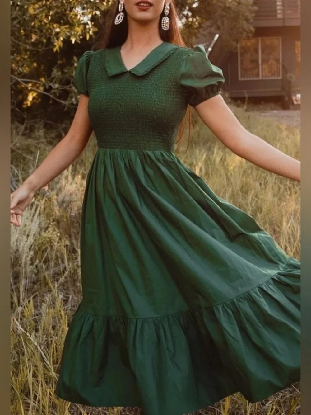 Ivy City Addie Midi Dress in Green Large Puff Sleeves Smocked - Picture 10 of 10